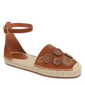 Coach Astor Ankle Strap Flats Flowers Tea Rose Leather Espadrille Neutral Shoes
